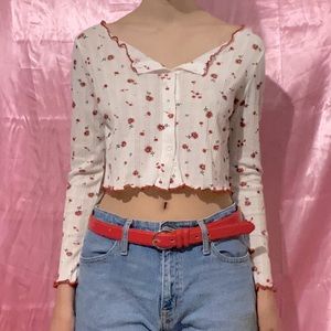 Y2K Soft Girl Red Floral Button Up Crop Top